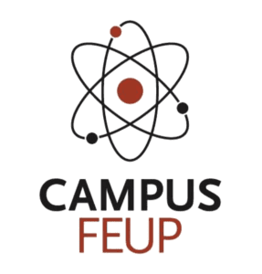 Um esquema minimalista de um átomo, com o núcleo e 3 orbitais, cada uma com um eletrão. Em baixo lê-se "CAMPUS FEUP".