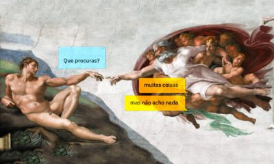 Paródia da pintura "A Criação de Adão" de Michelangelo. Adão pergunta "Que procuras?" e Deus responde "muitas coisas" e "mas não acho nada" em caixas de diálogo ao estilo de mensagens de texto.