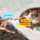 Paródia da pintura "A Criação de Adão" de Michelangelo. Adão pergunta "Que procuras?" e Deus responde "muitas coisas" e "mas não acho nada" em caixas de diálogo ao estilo de mensagens de texto.