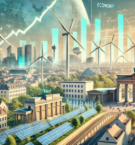 Cidade europeia futurista com turbinas eólicas e painéis solares. No fundo, marcos como a Torre Eiffel e o Portão de Brandemburgo simbolizam a economia. Um gráfico financeiro aparece no céu, representando crescimento e sustentabilidade.