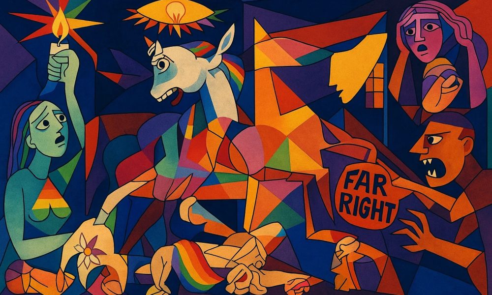 Releitura colorida e cubista da obra Guernica, de Picasso, com temática Direitos LGBTQIAP+. Um unicórnio com crina arco-íris aparece no centro da imagem, em agonia. Ao seu redor, pessoas expressam dor e desespero; uma mulher segura uma vela, outra cobre os ouvidos. Um homem agressivo à direita grita e segura um escudo com os dizeres "Far Right". Elementos como a bandeira do arco-íris e símbolos queer estão presentes, simbolizando resistência diante da violência.