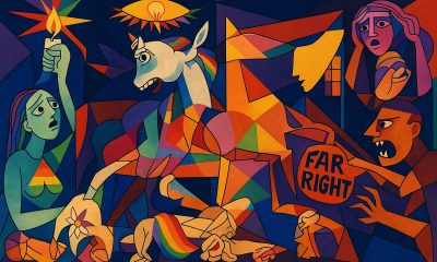 Releitura colorida e cubista da obra Guernica, de Picasso, com temática Direitos LGBTQIAP+. Um unicórnio com crina arco-íris aparece no centro da imagem, em agonia. Ao seu redor, pessoas expressam dor e desespero; uma mulher segura uma vela, outra cobre os ouvidos. Um homem agressivo à direita grita e segura um escudo com os dizeres "Far Right". Elementos como a bandeira do arco-íris e símbolos queer estão presentes, simbolizando resistência diante da violência.