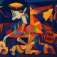 Releitura colorida e cubista da obra Guernica, de Picasso, com temática Direitos LGBTQIAP+. Um unicórnio com crina arco-íris aparece no centro da imagem, em agonia. Ao seu redor, pessoas expressam dor e desespero; uma mulher segura uma vela, outra cobre os ouvidos. Um homem agressivo à direita grita e segura um escudo com os dizeres "Far Right". Elementos como a bandeira do arco-íris e símbolos queer estão presentes, simbolizando resistência diante da violência.