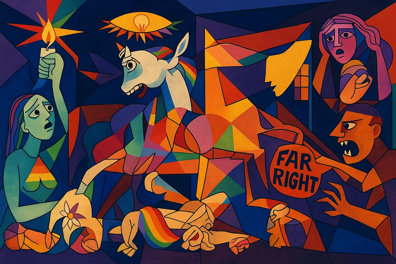 Releitura colorida e cubista da obra Guernica, de Picasso, com temática Direitos LGBTQIAP+. Um unicórnio com crina arco-íris aparece no centro da imagem, em agonia. Ao seu redor, pessoas expressam dor e desespero; uma mulher segura uma vela, outra cobre os ouvidos. Um homem agressivo à direita grita e segura um escudo com os dizeres "Far Right". Elementos como a bandeira do arco-íris e símbolos queer estão presentes, simbolizando resistência diante da violência.