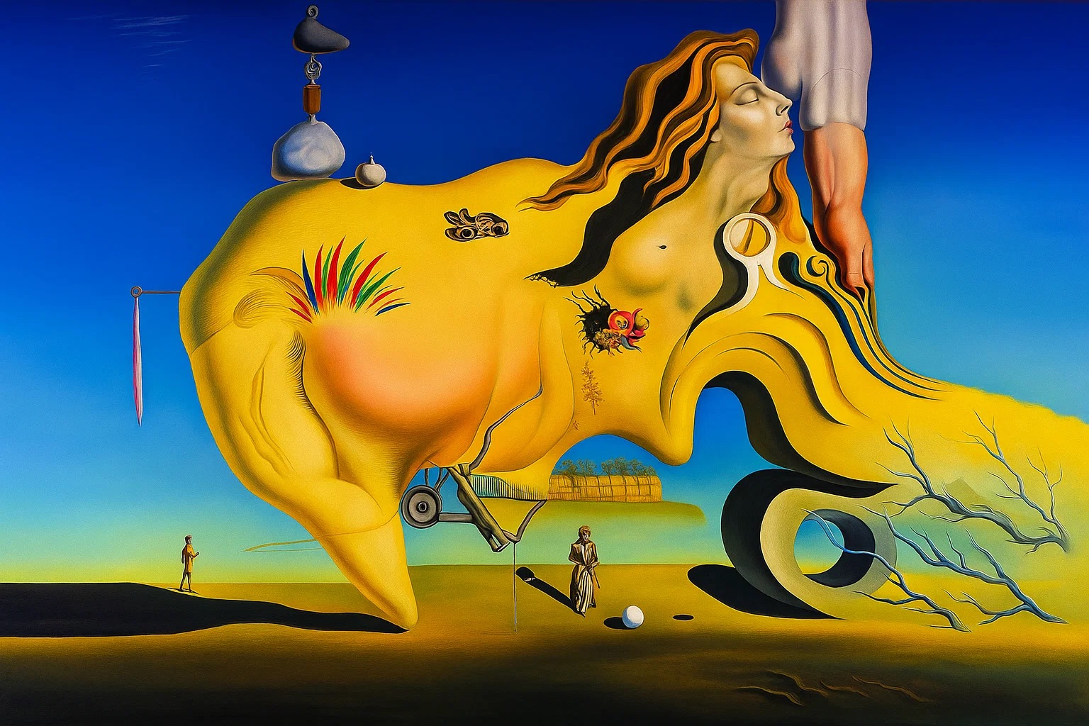 intura surrealista de Salvador Dalí com uma figura amarela central parecida com um rosto de perfil distorcido; dela emergem uma mulher com seios nus, um braço masculino, elementos florais, mecânicos e uma árvore seca, tudo sobre uma paisagem desértica sob um céu azul intenso.