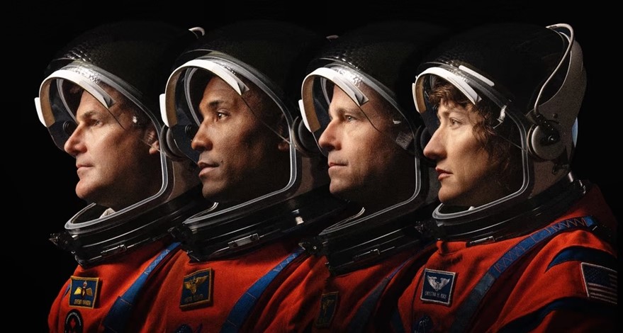 A tripulação da missão Artemis II. Da esquerda para a direita: Jeremy Hansen, Victor Glover, Reid Wiseman e Christina Koch. Créditos: NASA.