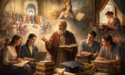 Professor de aparência clássica ensina um grupo de estudantes universitários sentados à mesa com livros e um computador portátil, em um ambiente que mistura arquitetura antiga com elementos contemporâneos, simbolizando o diálogo entre tradição académica e educação moderna.