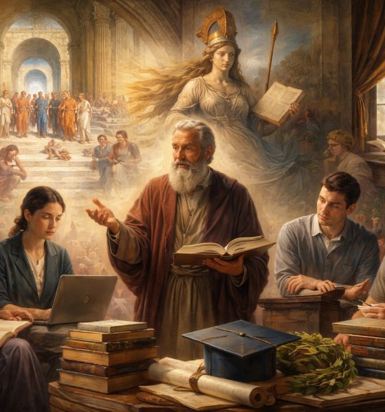 Professor de aparência clássica ensina um grupo de estudantes universitários sentados à mesa com livros e um computador portátil, em um ambiente que mistura arquitetura antiga com elementos contemporâneos, simbolizando o diálogo entre tradição académica e educação moderna.