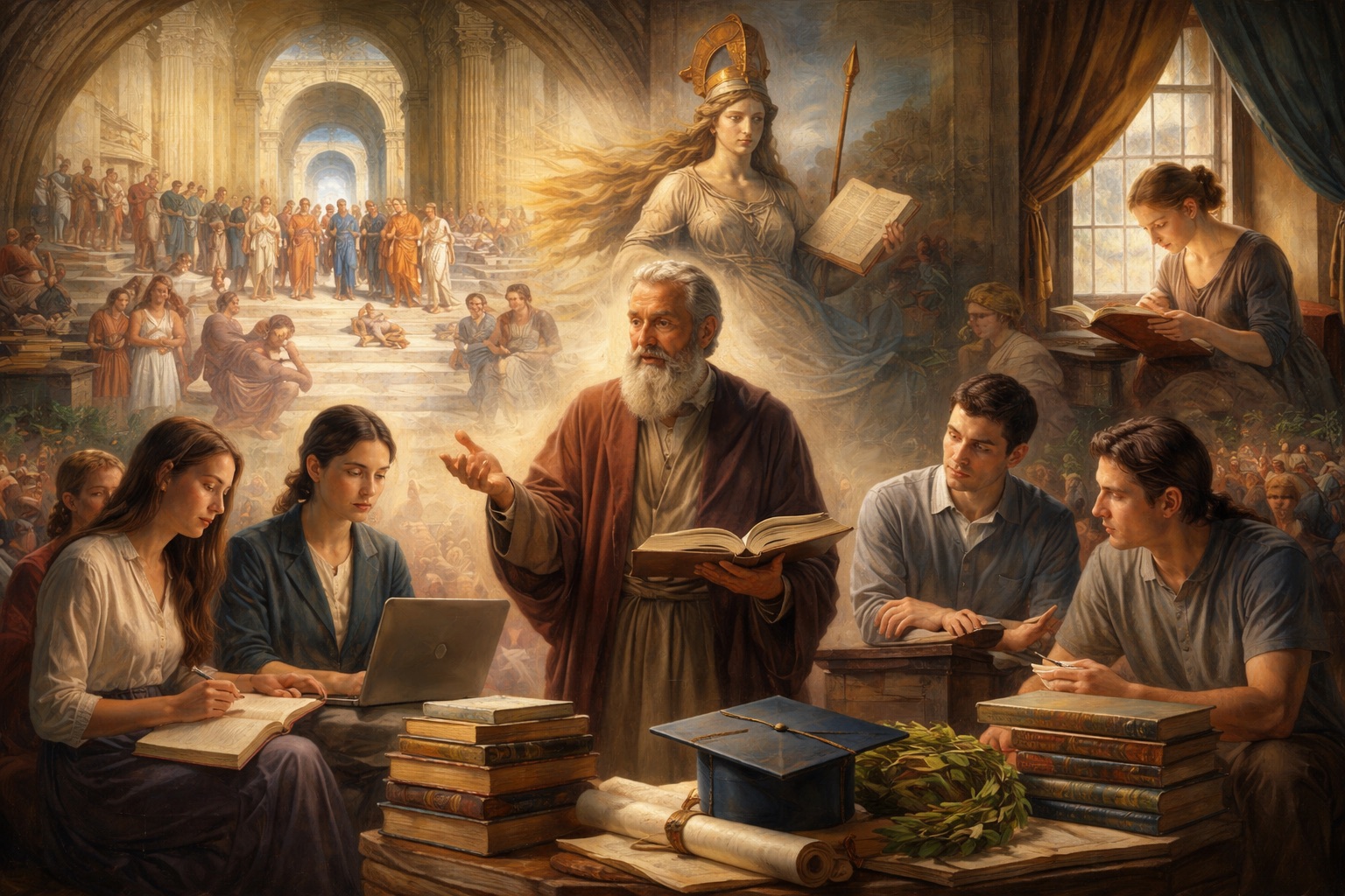 Professor de aparência clássica ensina um grupo de estudantes universitários sentados à mesa com livros e um computador portátil, em um ambiente que mistura arquitetura antiga com elementos contemporâneos, simbolizando o diálogo entre tradição académica e educação moderna.