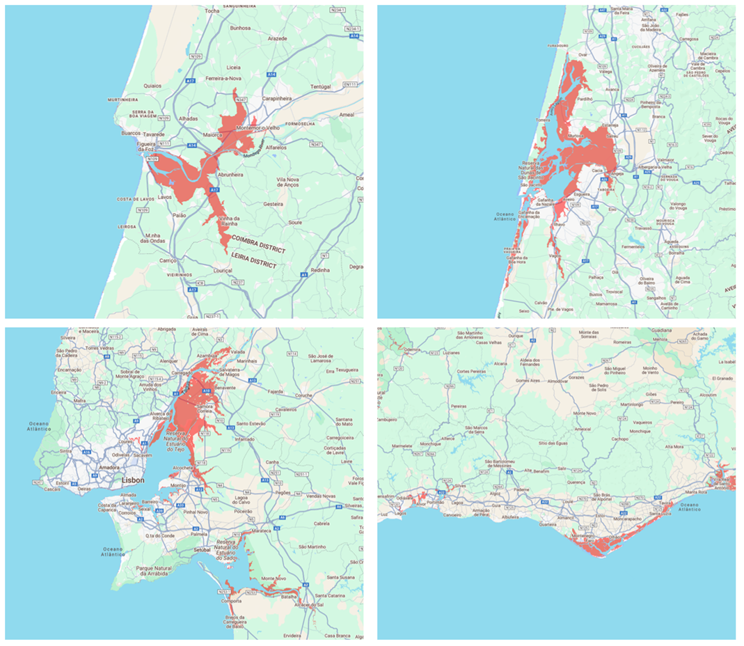 Detalhe de algumas das regiões de Portugal que se prevêm estar abaixo do nível anual de cheias em 2050. As regiões afetadas estão destacadas a vermelho. Créditos: Climate Central, www.climatecentral.org.
