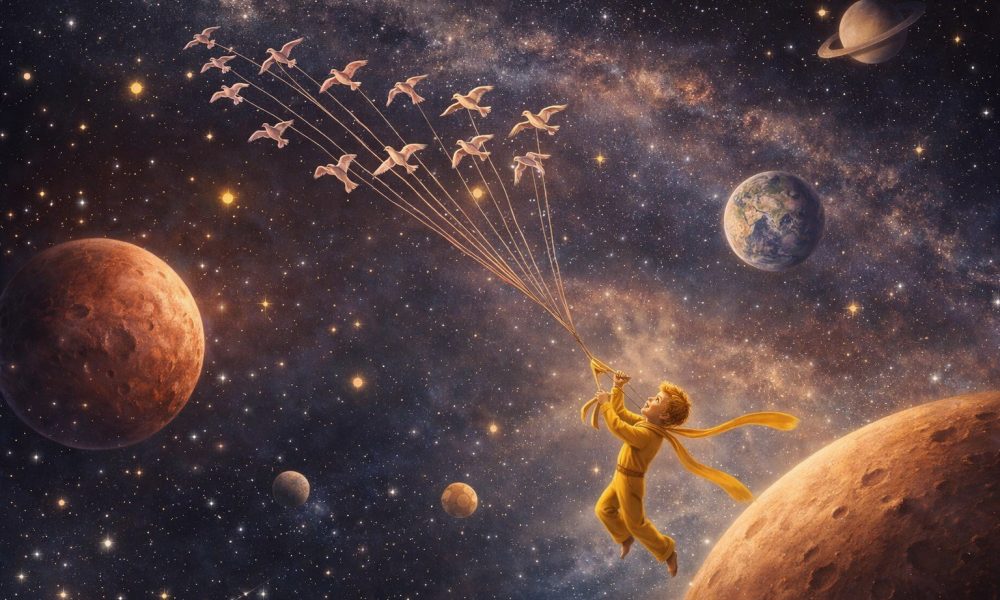 Natal: Ilustração do Pequeno Príncipe flutuando no espaço, segurando fios ligados a pássaros em voo, entre planetas e estrelas, simbolizando viagem, deslocamento e busca por pertencimento.