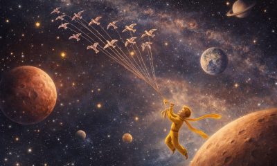 Natal: Ilustração do Pequeno Príncipe flutuando no espaço, segurando fios ligados a pássaros em voo, entre planetas e estrelas, simbolizando viagem, deslocamento e busca por pertencimento.