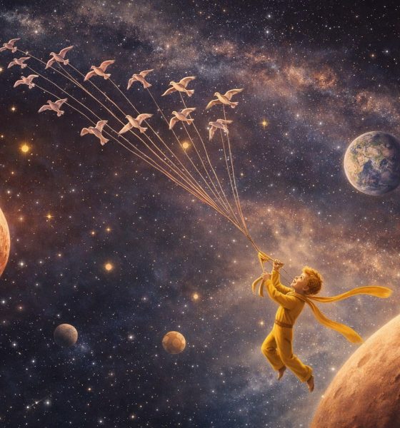 Natal: Ilustração do Pequeno Príncipe flutuando no espaço, segurando fios ligados a pássaros em voo, entre planetas e estrelas, simbolizando viagem, deslocamento e busca por pertencimento.