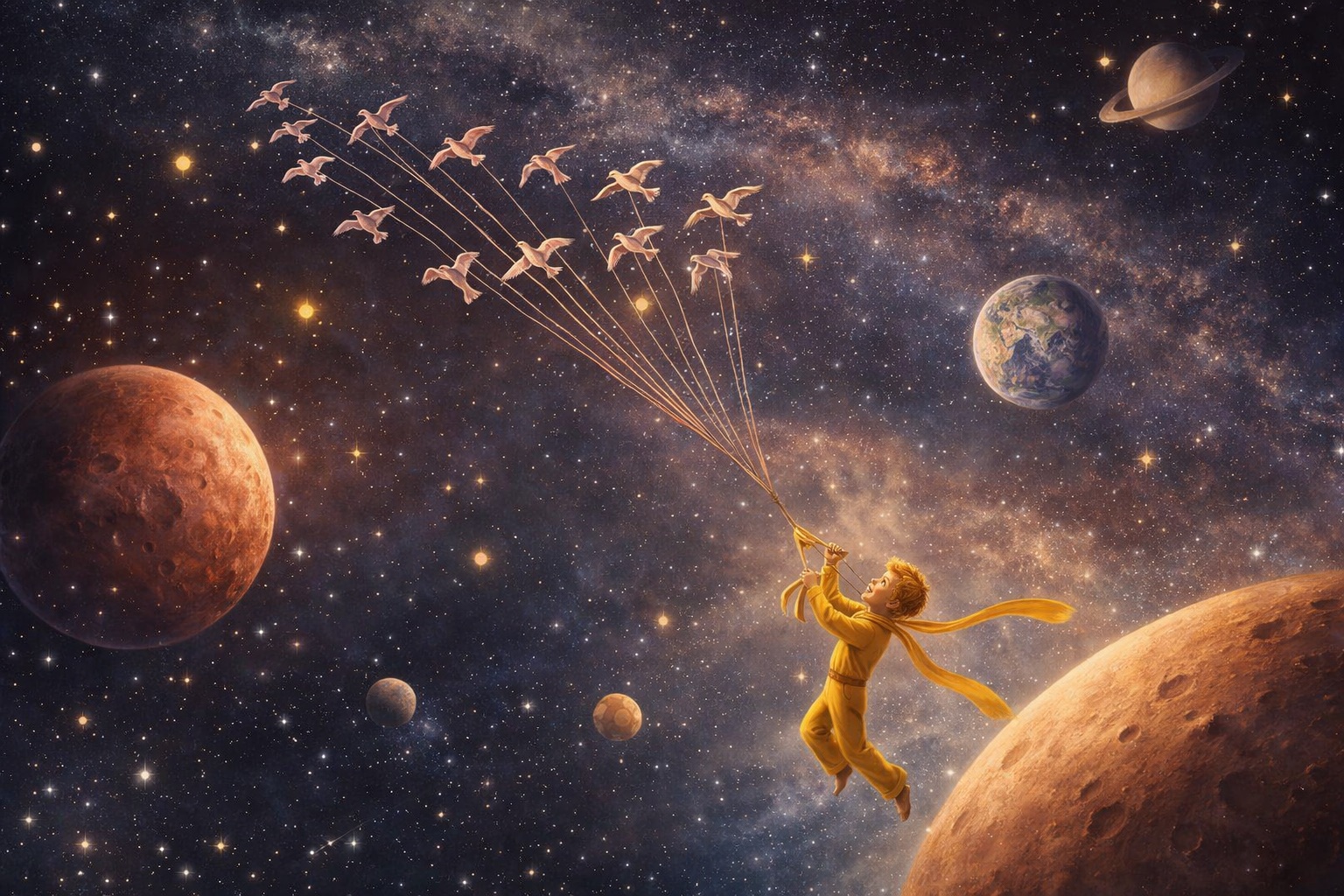 Natal: Ilustração do Pequeno Príncipe flutuando no espaço, segurando fios ligados a pássaros em voo, entre planetas e estrelas, simbolizando viagem, deslocamento e busca por pertencimento.