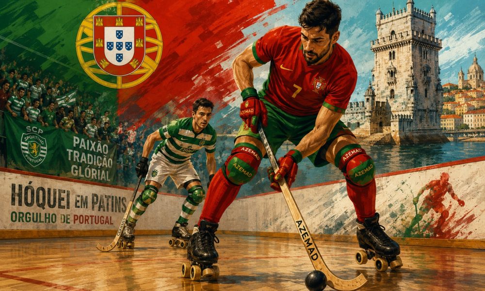 ogadores de hóquei em patins em ação numa ilustração inspirada no desporto em Portugal, com bandeira portuguesa, adeptos e atmosfera competitiva.