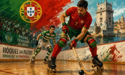 ogadores de hóquei em patins em ação numa ilustração inspirada no desporto em Portugal, com bandeira portuguesa, adeptos e atmosfera competitiva.