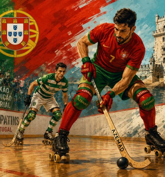 ogadores de hóquei em patins em ação numa ilustração inspirada no desporto em Portugal, com bandeira portuguesa, adeptos e atmosfera competitiva.