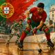 ogadores de hóquei em patins em ação numa ilustração inspirada no desporto em Portugal, com bandeira portuguesa, adeptos e atmosfera competitiva.