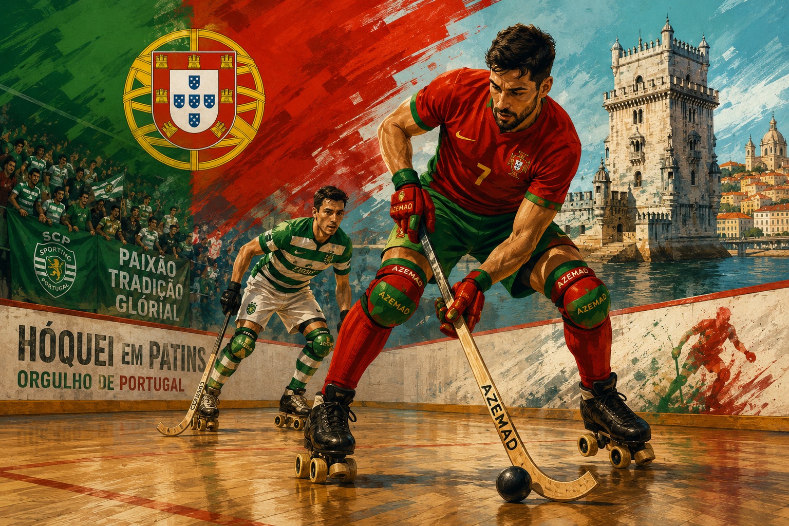 ogadores de hóquei em patins em ação numa ilustração inspirada no desporto em Portugal, com bandeira portuguesa, adeptos e atmosfera competitiva.