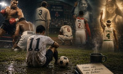 Jogador de futebol sentado na chuva, em um campo enlameado, cercado por imagens simbólicas de atletas de boxe, beisebol e basquete, representando histórias de fracasso, superação e resiliência no desporto.