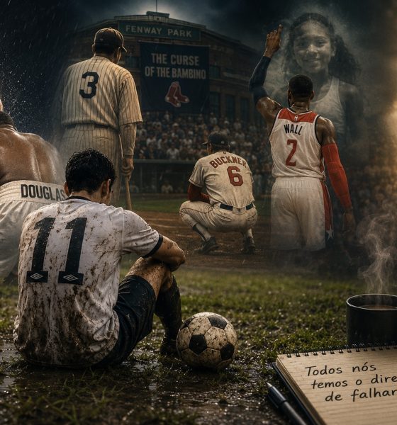 Jogador de futebol sentado na chuva, em um campo enlameado, cercado por imagens simbólicas de atletas de boxe, beisebol e basquete, representando histórias de fracasso, superação e resiliência no desporto.