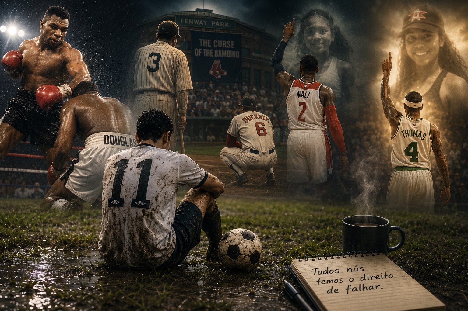 Jogador de futebol sentado na chuva, em um campo enlameado, cercado por imagens simbólicas de atletas de boxe, beisebol e basquete, representando histórias de fracasso, superação e resiliência no desporto.